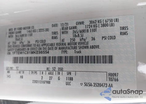 2021 Ford F-150 Lariat from USA, damaged, VIN 1FTEW1C81MKE98554